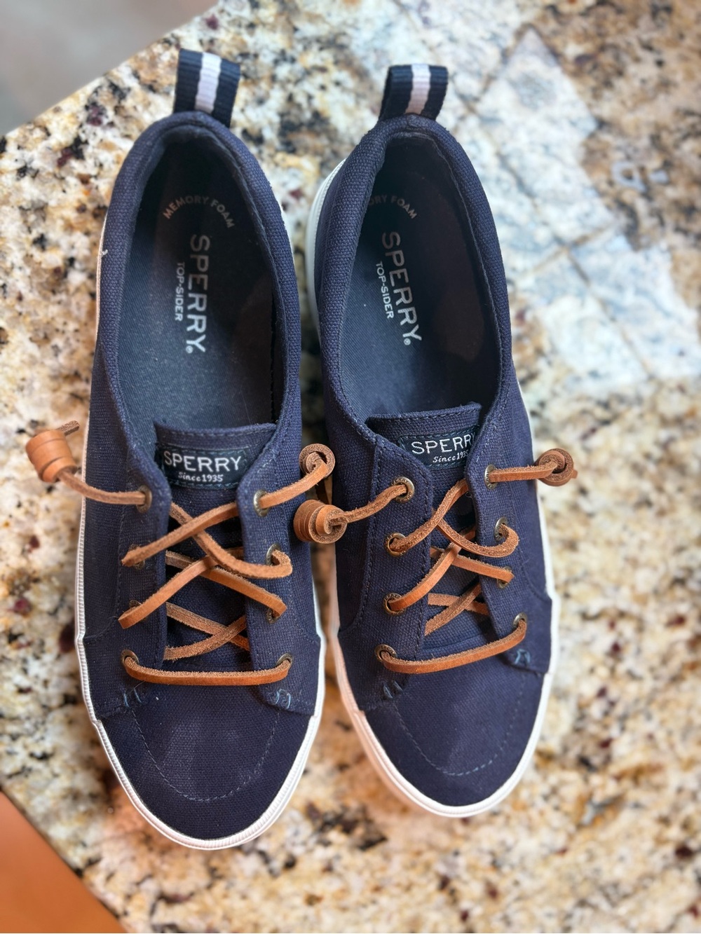 Sperry Navy Canvas Sneakers with Brown Laces